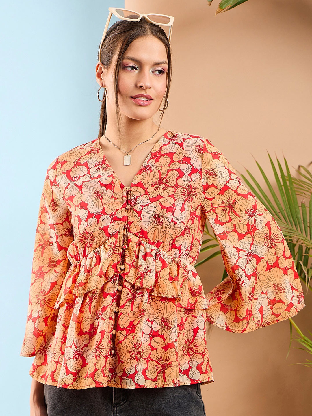

SASSAFRAS Floral Print Flared Sleeve Ruffled Peplum Top, Red