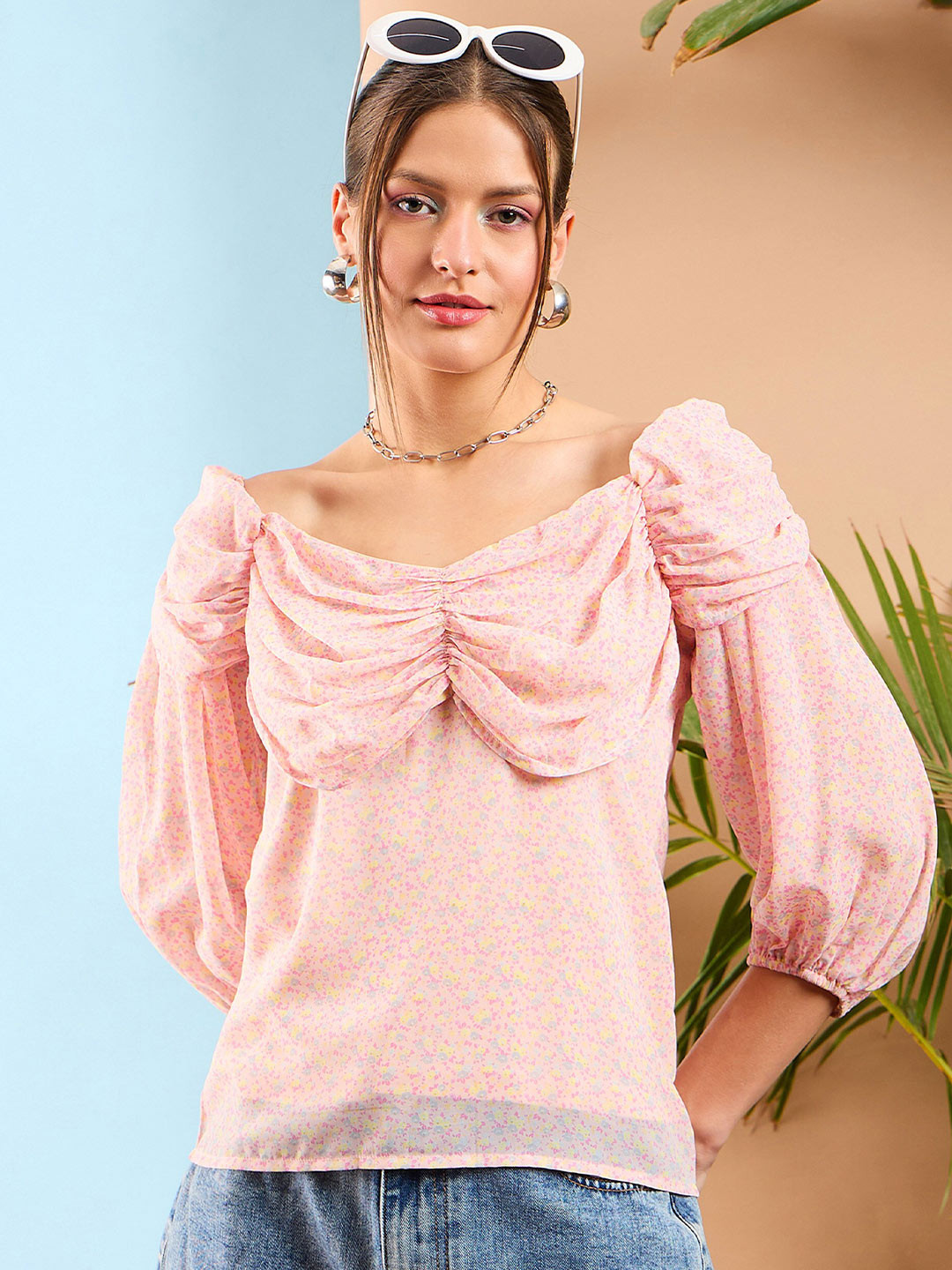 

SASSAFRAS Floral Printed Puff Sleeve Ruched Top, Pink