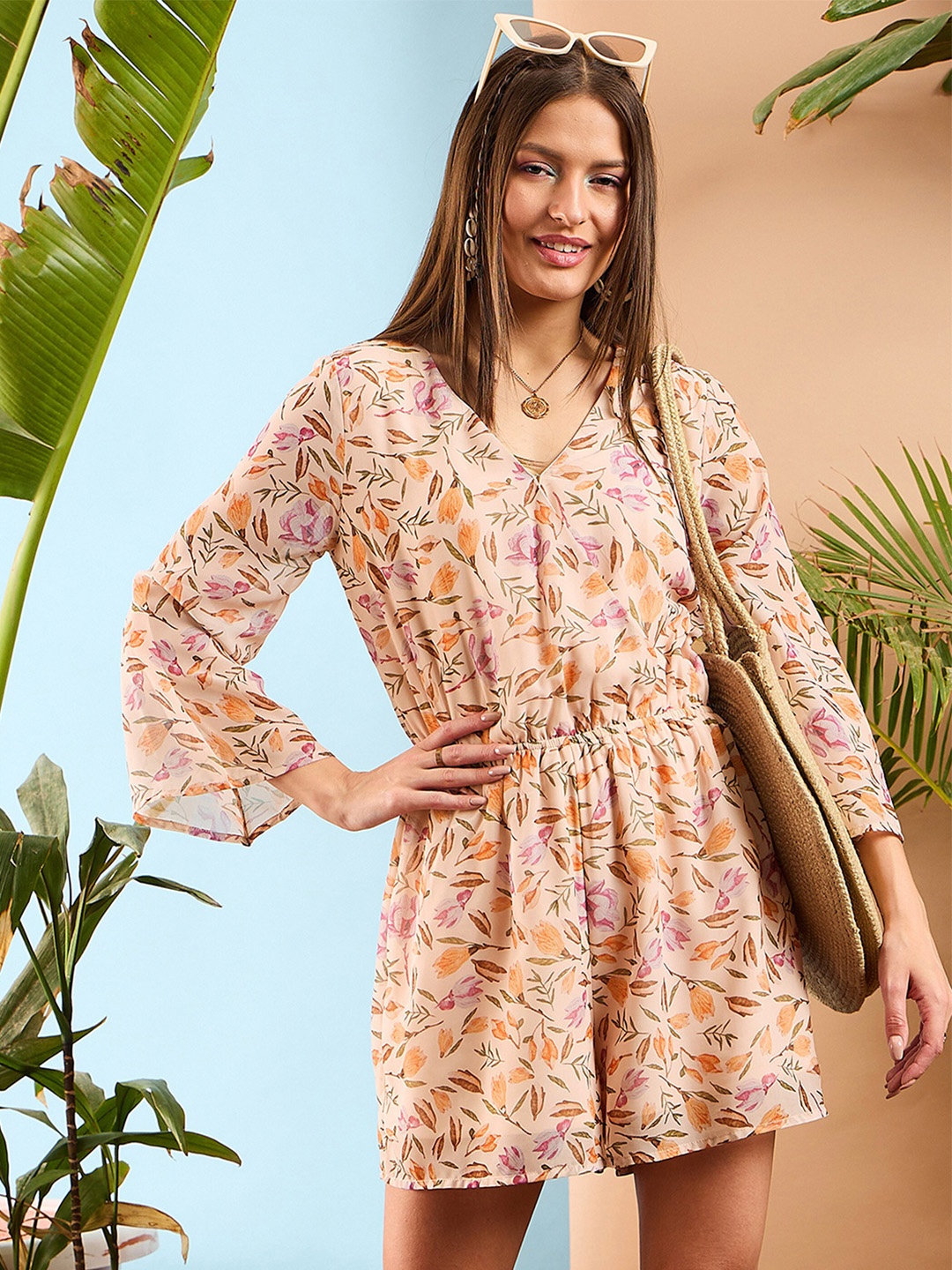 

SASSAFRAS Peach-Coloured Floral Printed V-Neck Playsuit