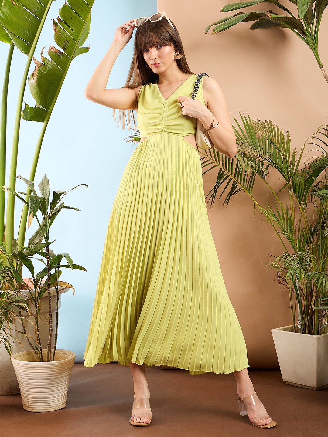 

SASSAFRAS V Neck Sleeveless Pleated Cut Out Fit & Flare Dress, Yellow