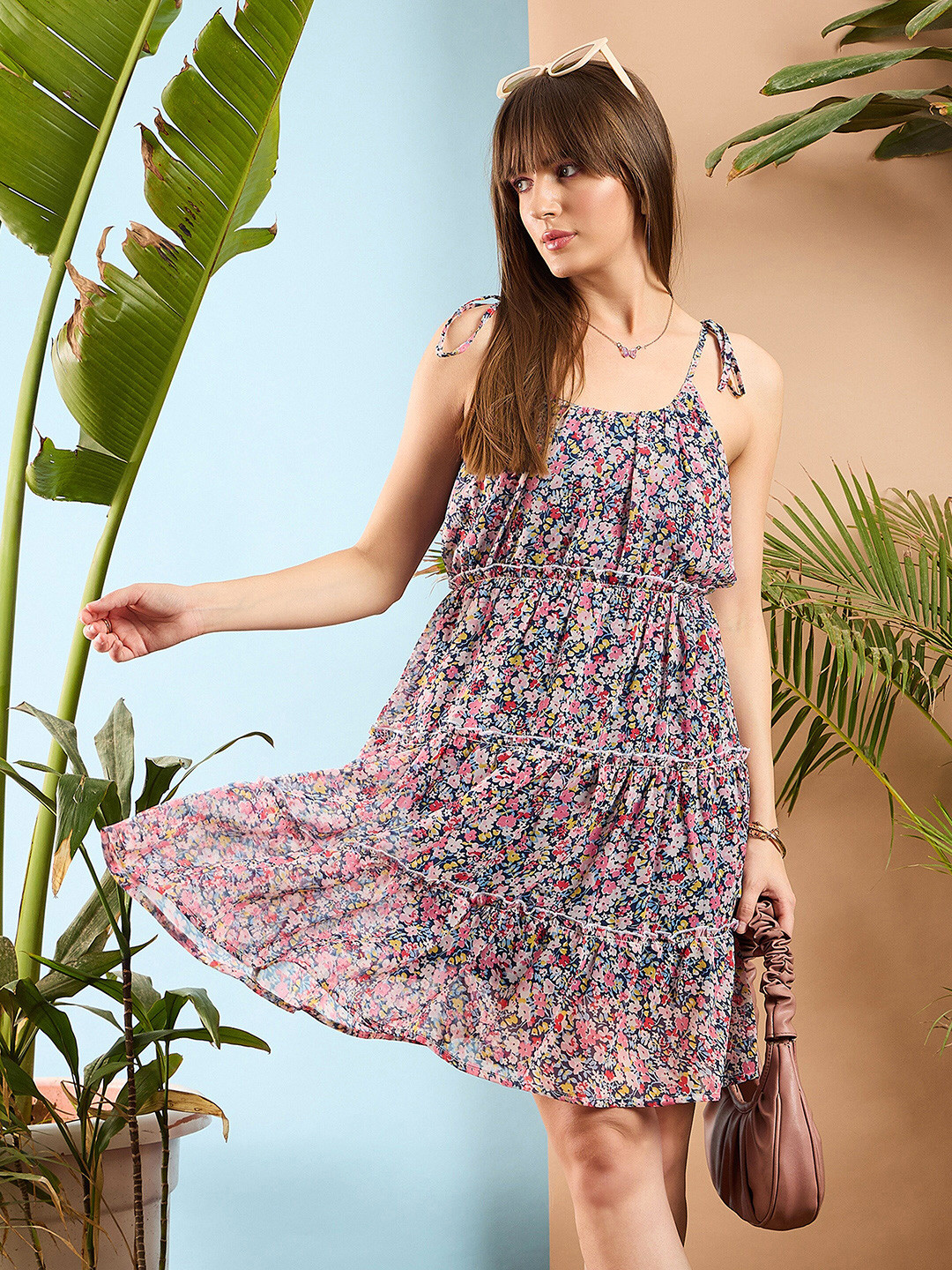 

SASSAFRAS Floral Printed Shoulder Strap Ruffled Fit & Flare Dress, Navy blue