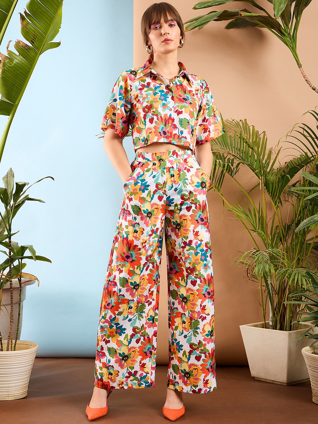 

SASSAFRAS Orange-Coloured Floral Printed Crop Shirt & Trousers