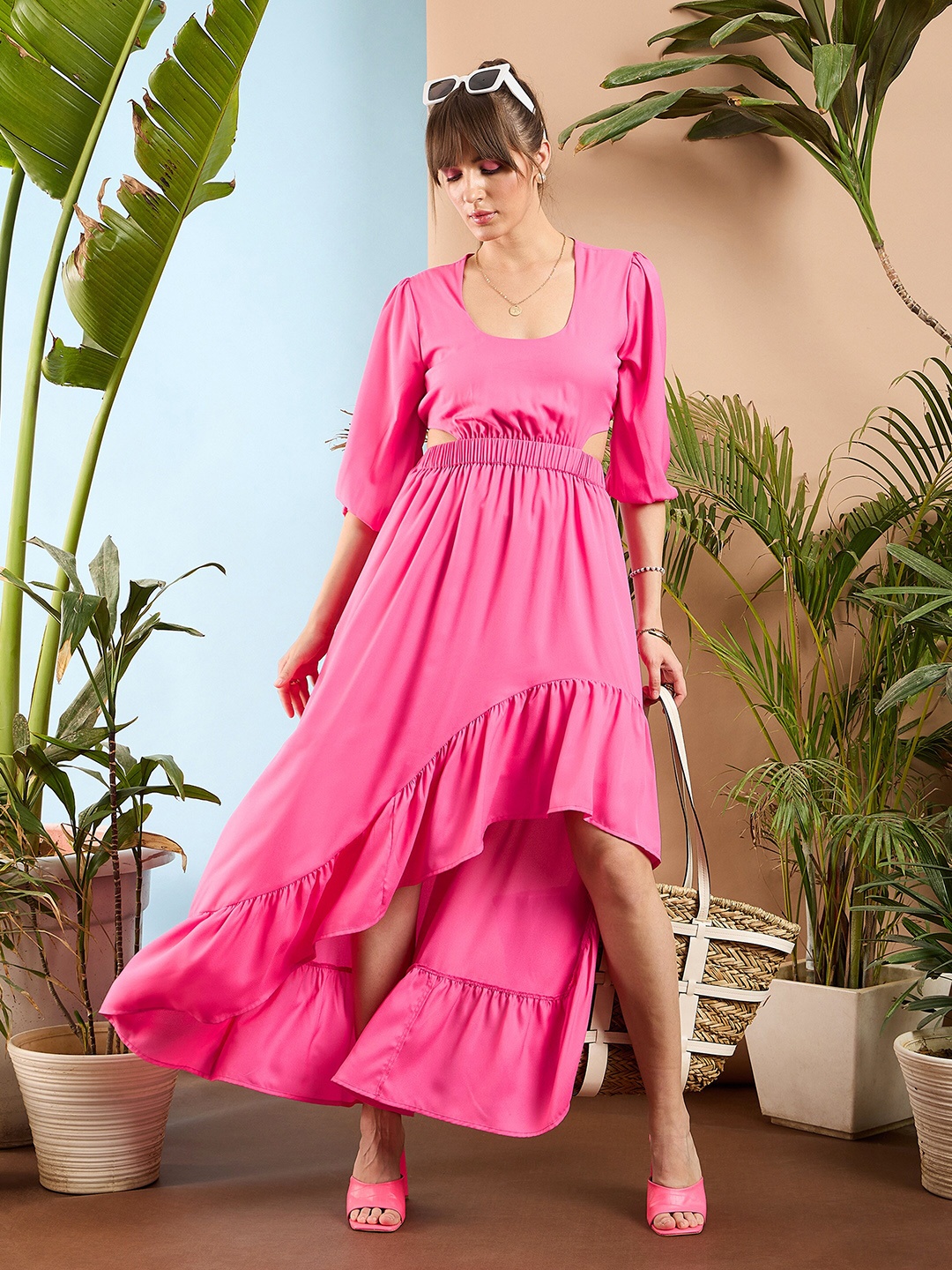 

SASSAFRAS Scoop Neck Puff Sleeves Cut Out Maxi Dress, Pink