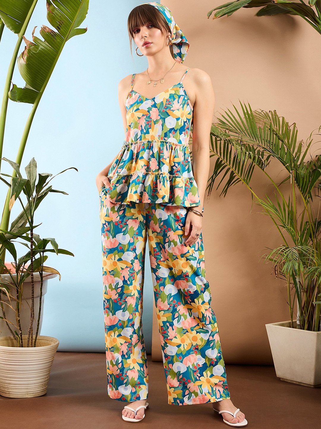 

SASSAFRAS Sea Green Floral Printed V Neck Top & Flared Trousers