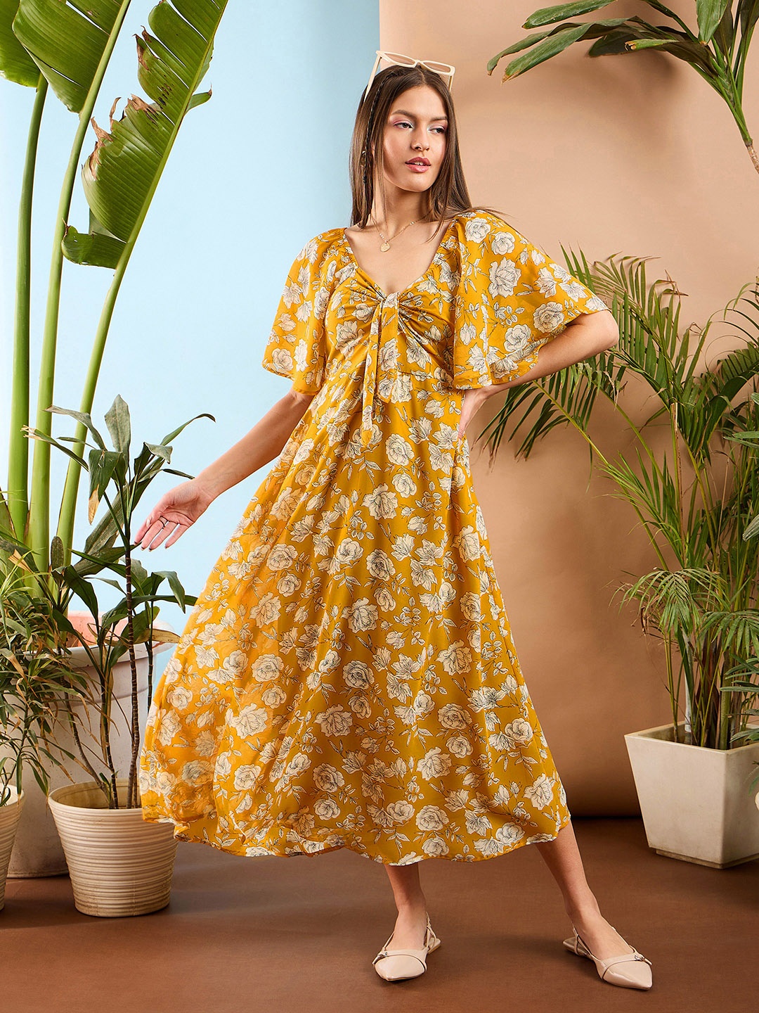 

SASSAFRAS Floral Printed Flared Sleeve Front Tie Up Fit & Flare Midi Dress, Yellow