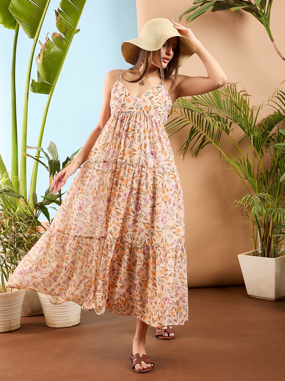 

SASSAFRAS Floral Printed Shoulder Straps Georgette Tiered Maxi Dress, Peach
