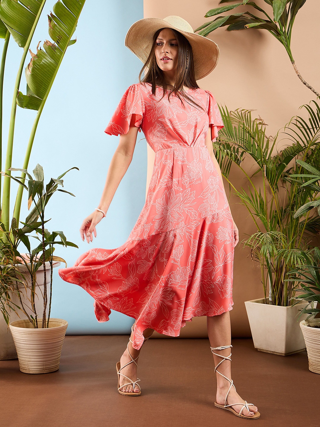 

SASSAFRAS Floral Print Flared Sleeve Asymmetric Fit & Flare Maxi Dress, Peach