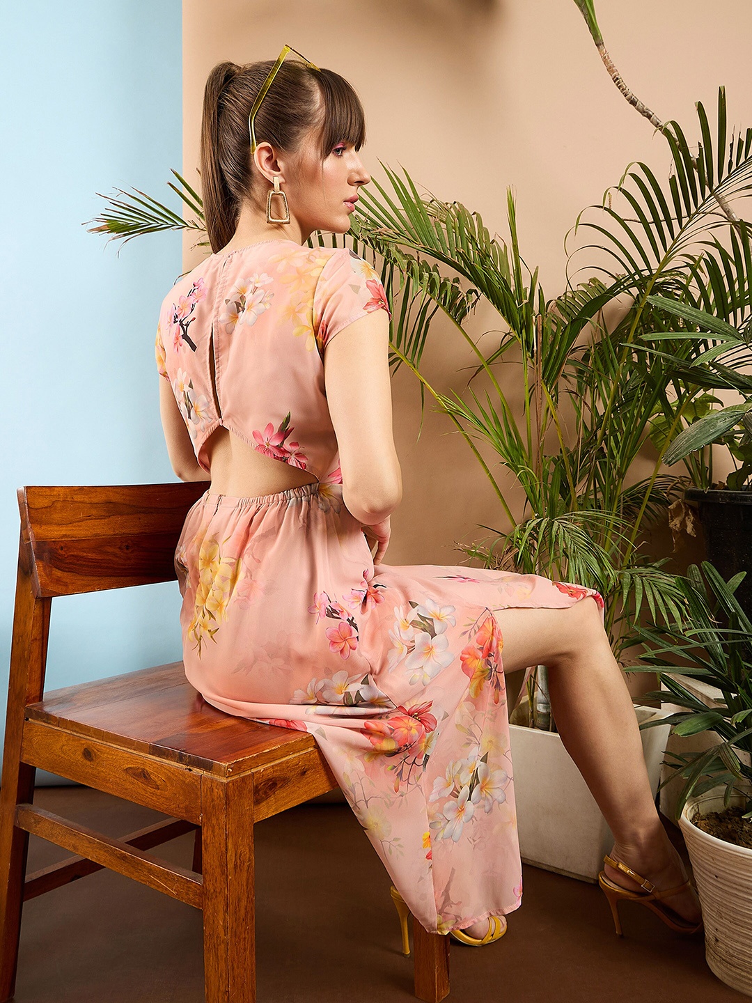

SASSAFRAS Floral Printed Cut Out Fit & Flare Midi Dress, Peach