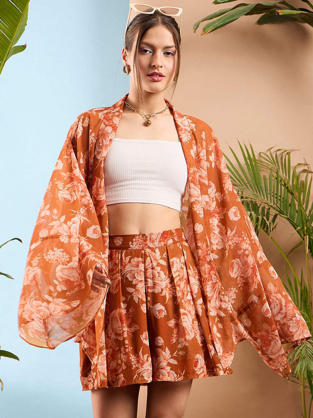 

SASSAFRAS Rust Floral Printed Shrug With Shorts