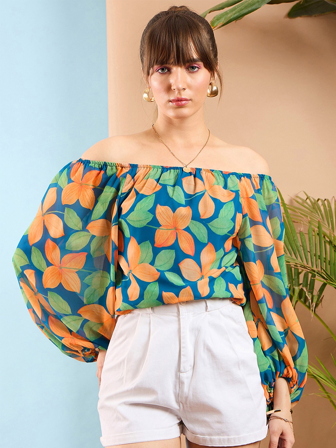

SASSAFRAS Floral Printed Off-Shoulder Bardot Crop Top, Blue