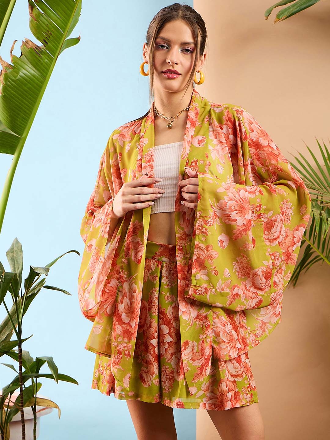 

SASSAFRAS Green Floral Printed Shawl Neck Shrug & Flared Short