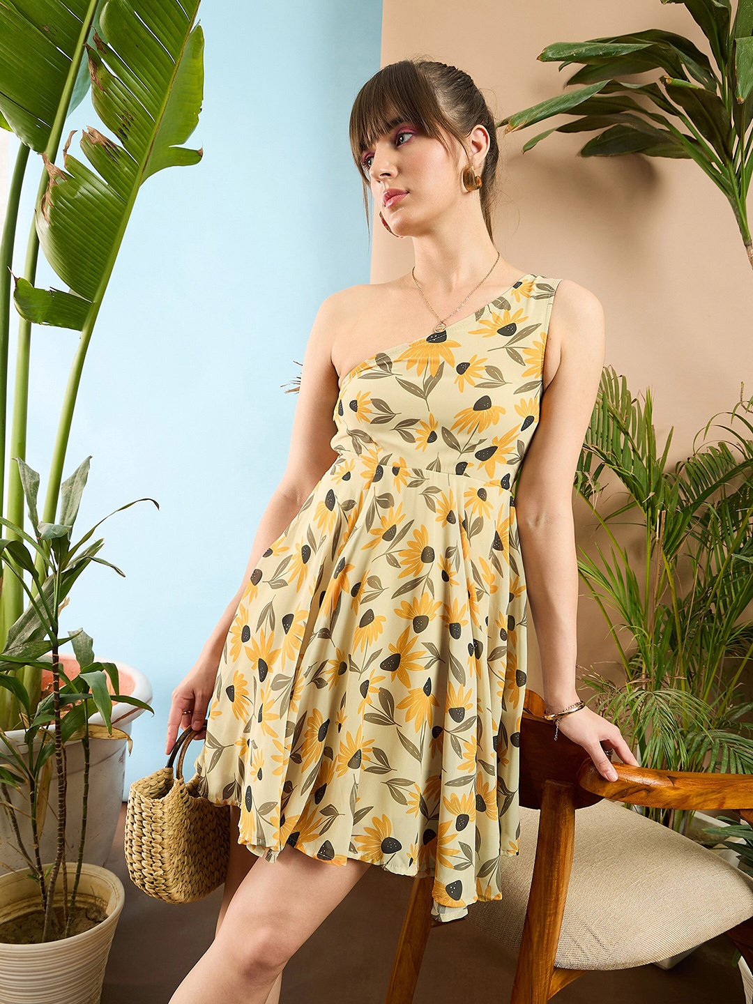 

SASSAFRAS Floral Printed One Shoulder Fit & Flare Dress, Yellow