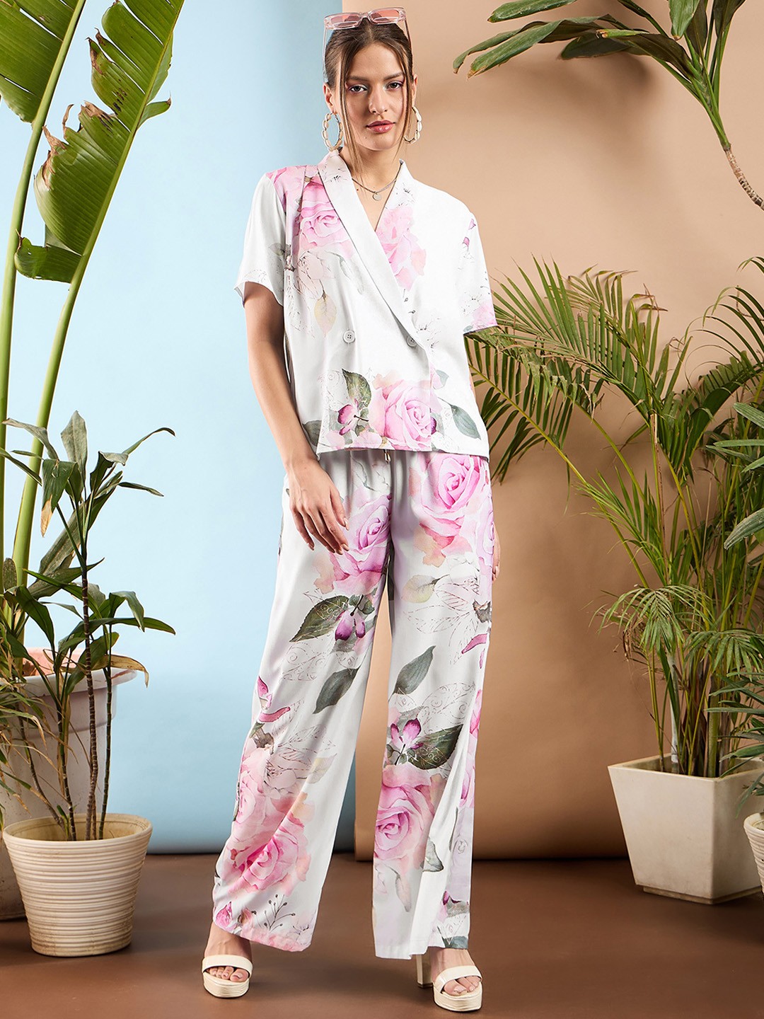 

SASSAFRAS White Floral Printed Shawl Collar Top & Trousers