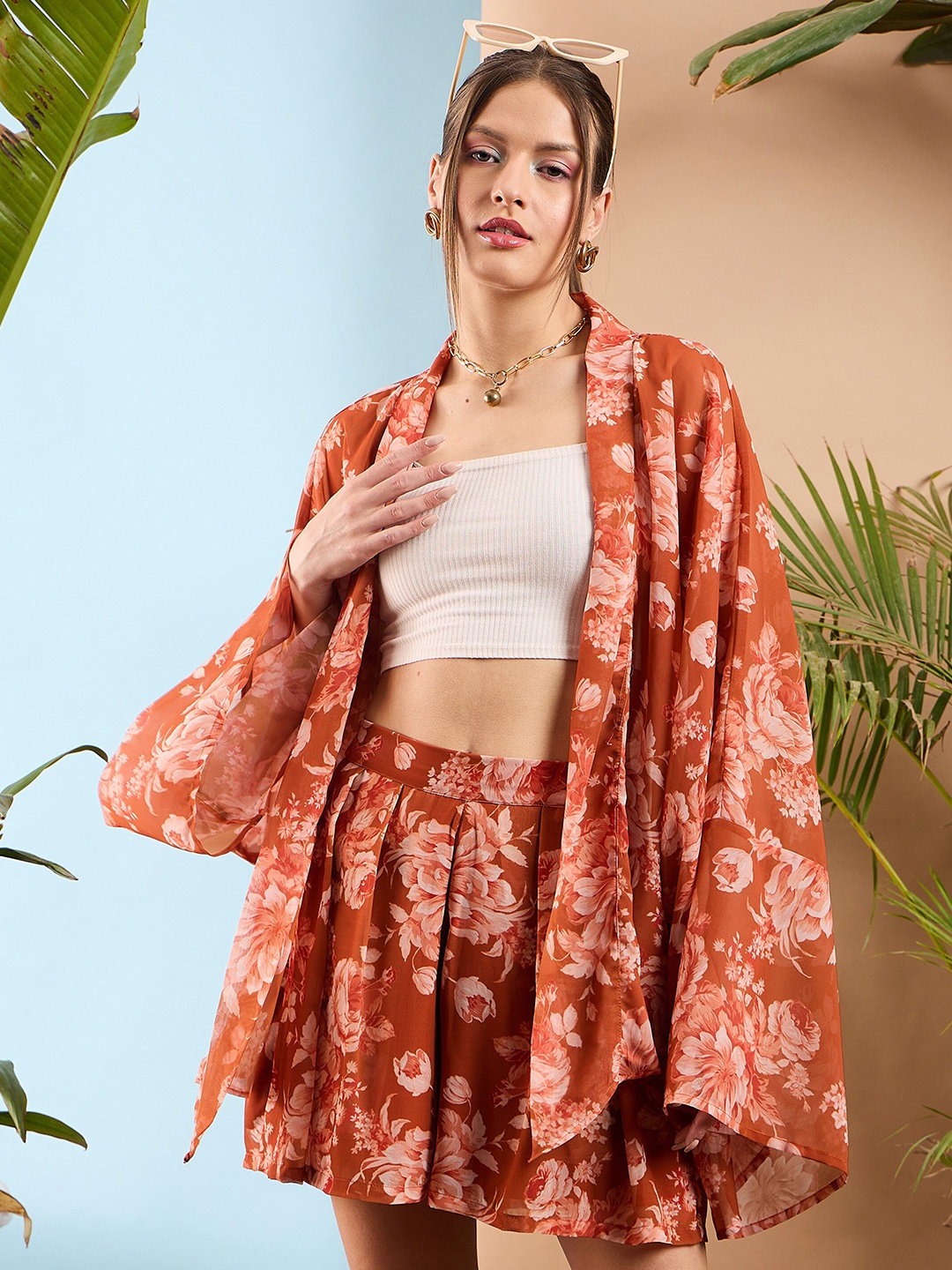 

SASSAFRAS Rust Floral Printed Open Front Shrug