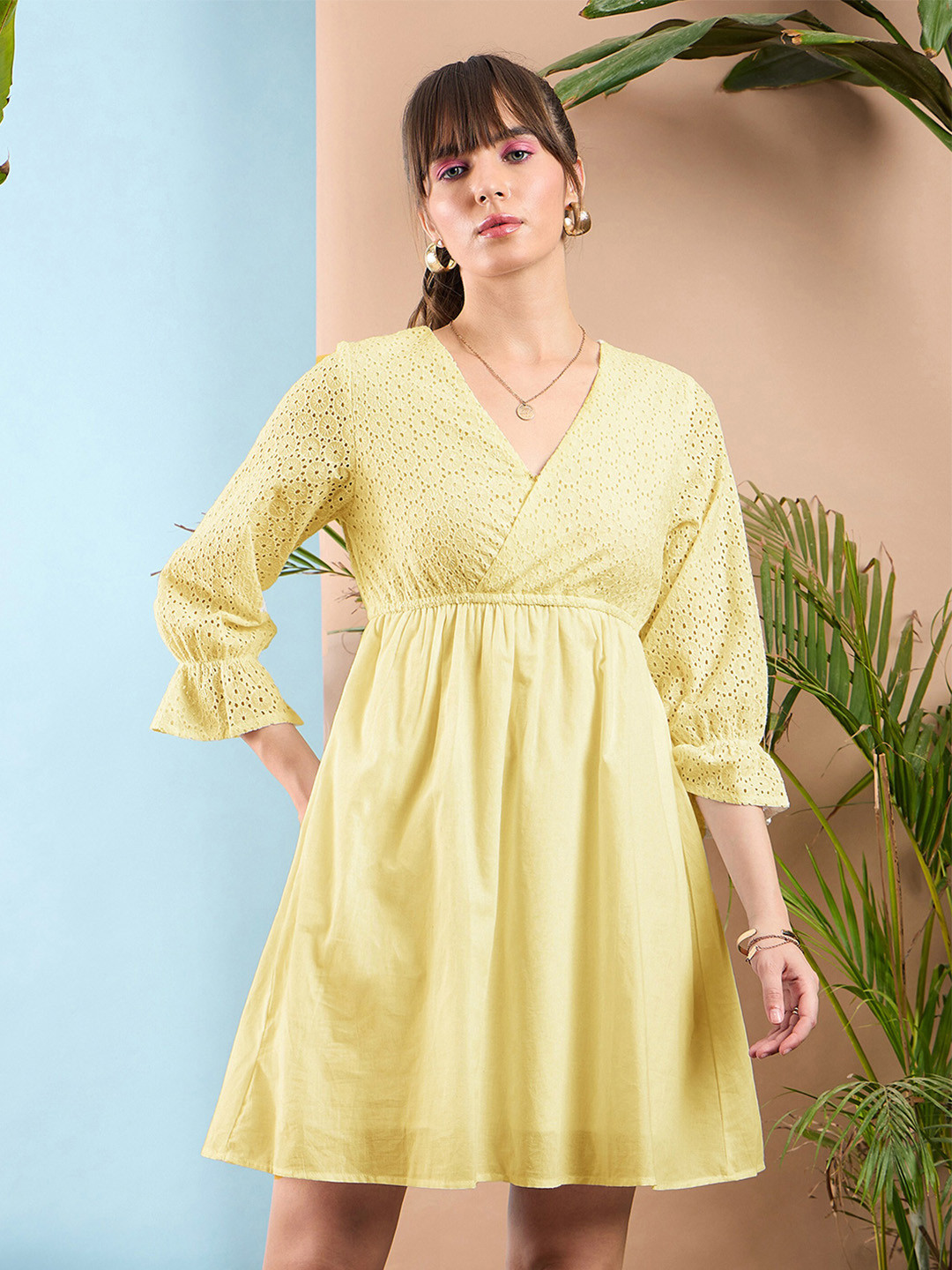 

SASSAFRAS Self Design V Neck Bell Sleeves Pure Cotton Empire Dress, Green