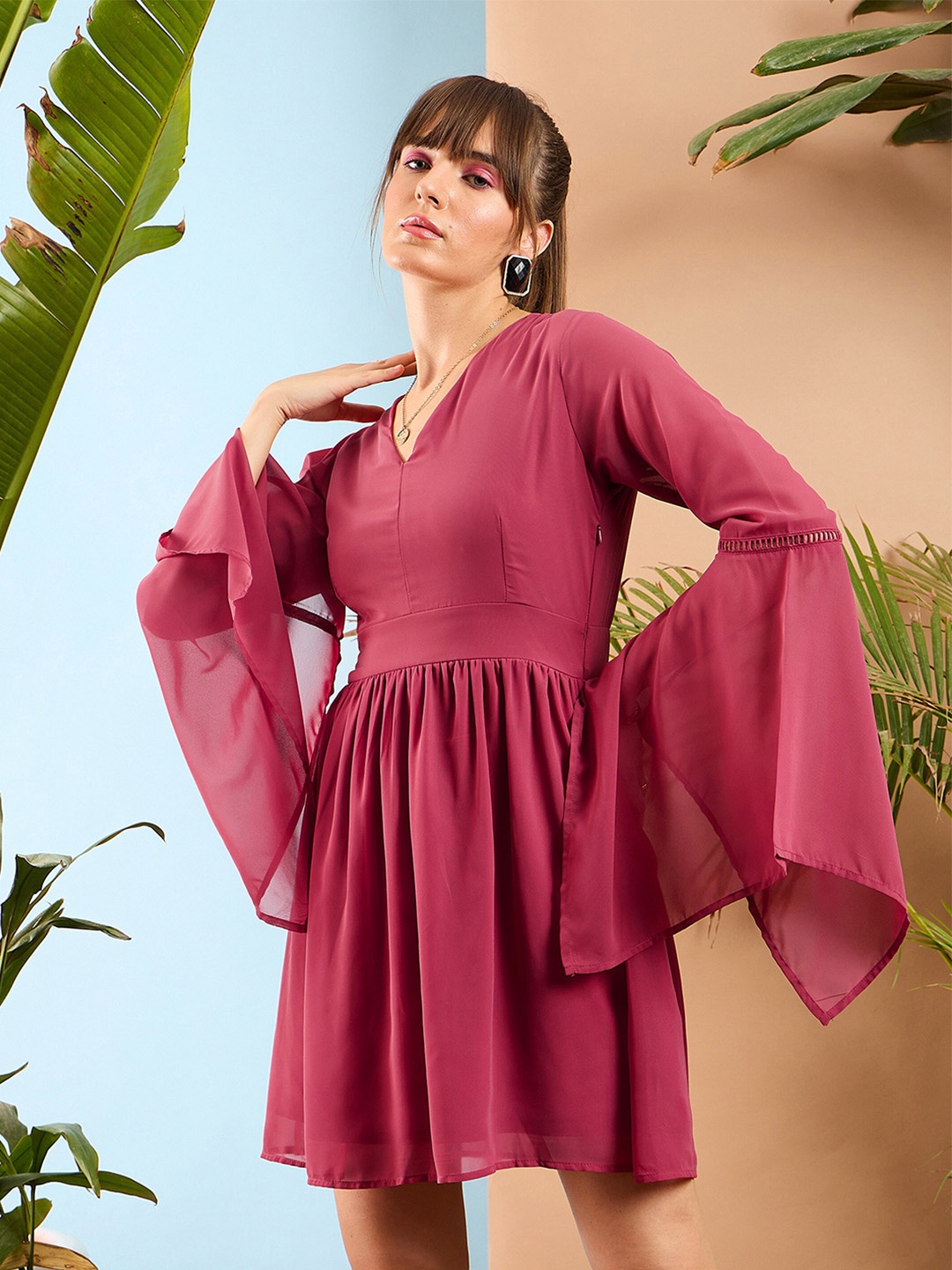 

SASSAFRAS Bell Sleeve V Neck Fit & Flare Dress, Pink