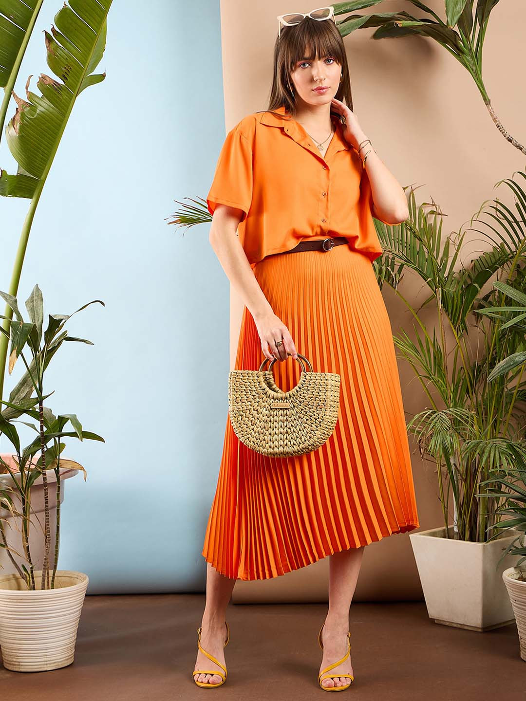 

SASSAFRAS Orange-Coloured Comfort Fit Crop Shirt & Accordion Pleat Skirt