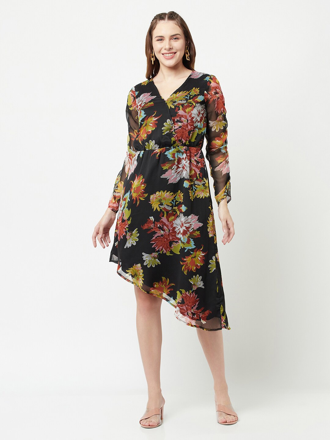 

SQew Floral Printed Chiffon Fit & Flare Dress, Black