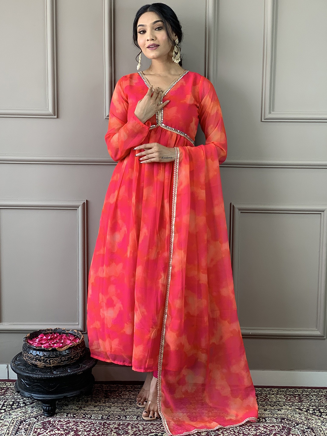 

Momina Fashion Tie & Dye Dyed Thread Work Anarkali Kurta & Trousers With Dupatta, Pink