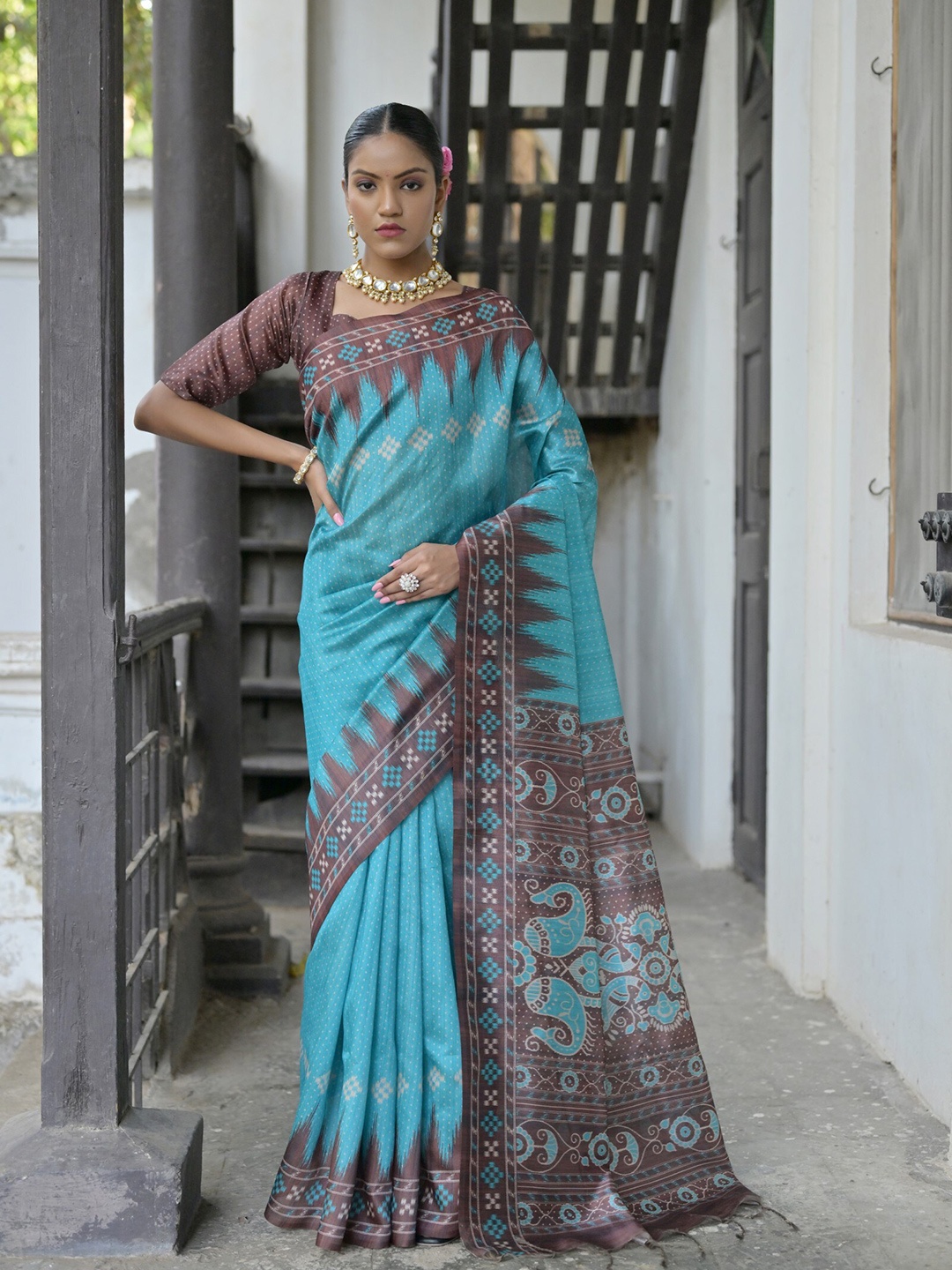 

VISHNU WEAVES Ethnic Motifs Printed Tussar Saree, Turquoise blue