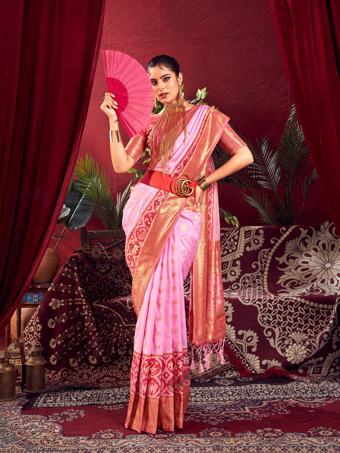 

VISHNU WEAVES Ethnic Motifs Woven Design Zari Pure Silk Paithani Saree, Pink