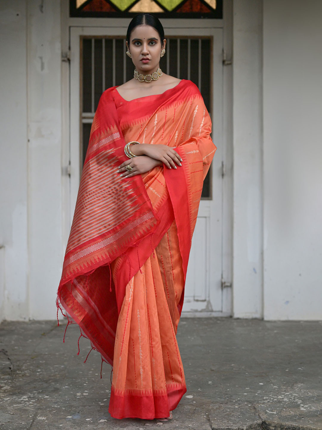 

VISHNU WEAVES Striped Woven Design Zari Bhagalpuri Saree, Orange