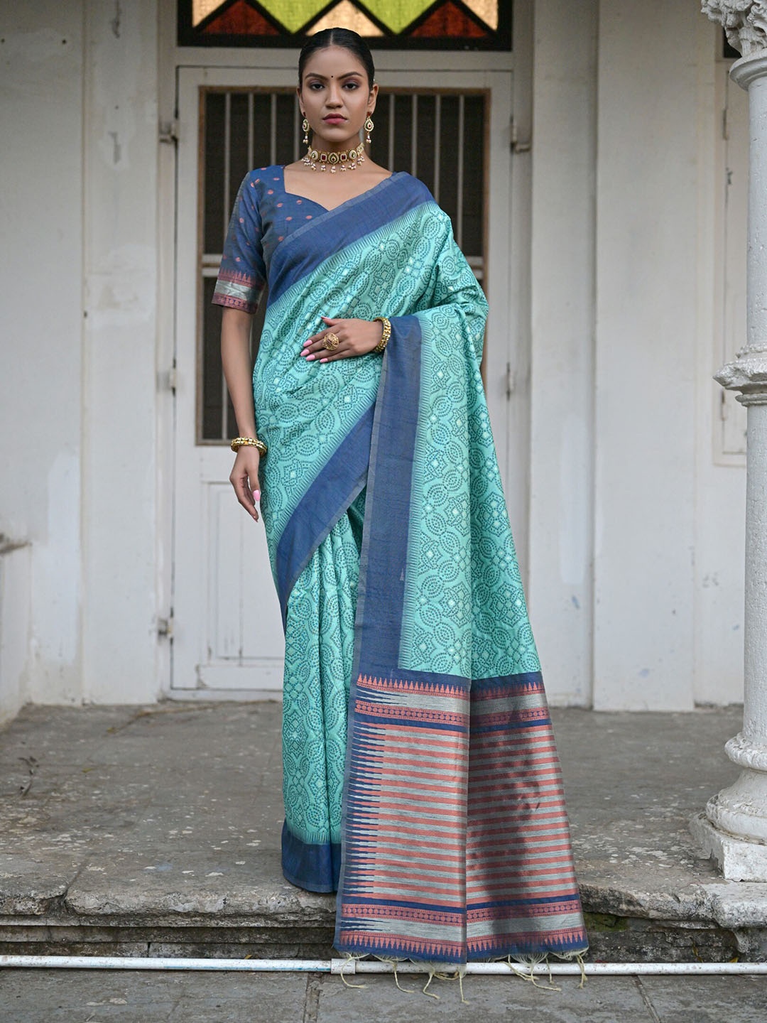 

VISHNU WEAVES Bandhani Printed Bhagalpuri Saree, Sea green