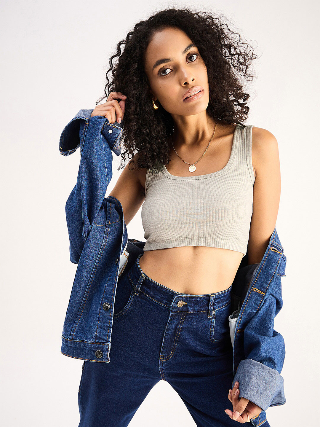 

SASSAFRAS BASICS Ribbed Cotton Crop Top, Grey