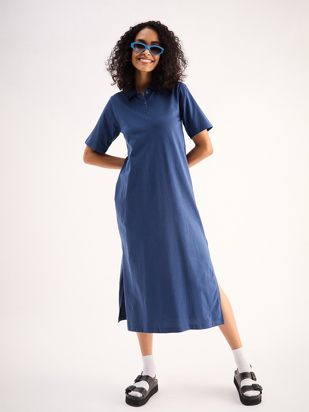 

SASSAFRAS BASICS Polo Collar Short Sleeves Oversized Tshirt Midi Dress, Navy blue