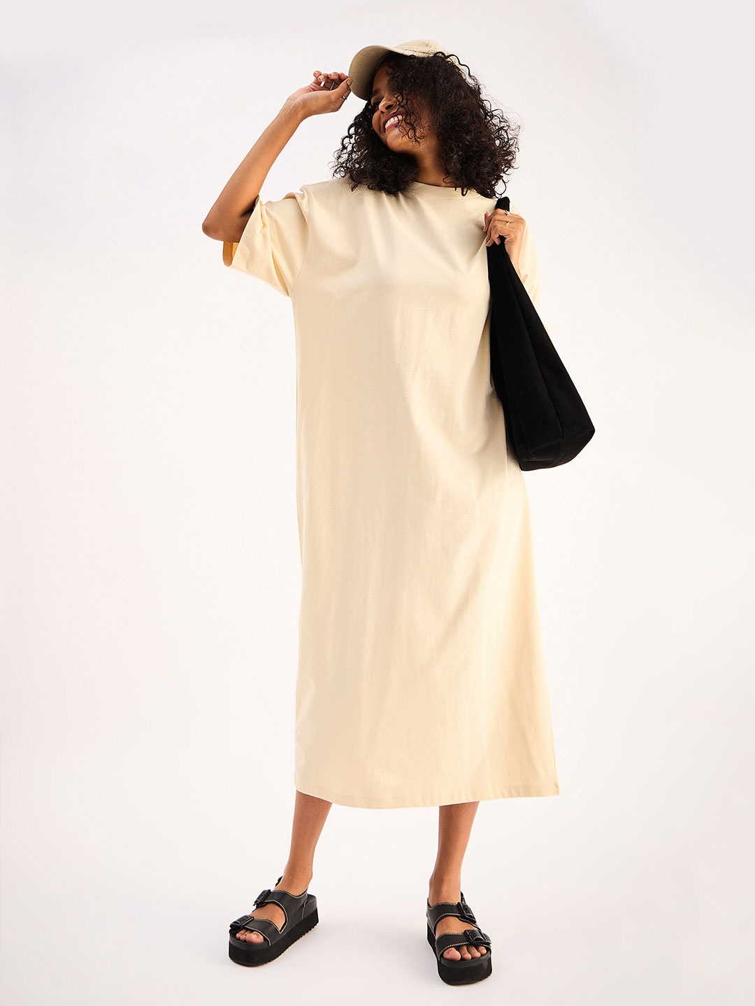 

SASSAFRAS BASICS Round Neck Regular Sleeve Oversized Maxi Dress, Beige