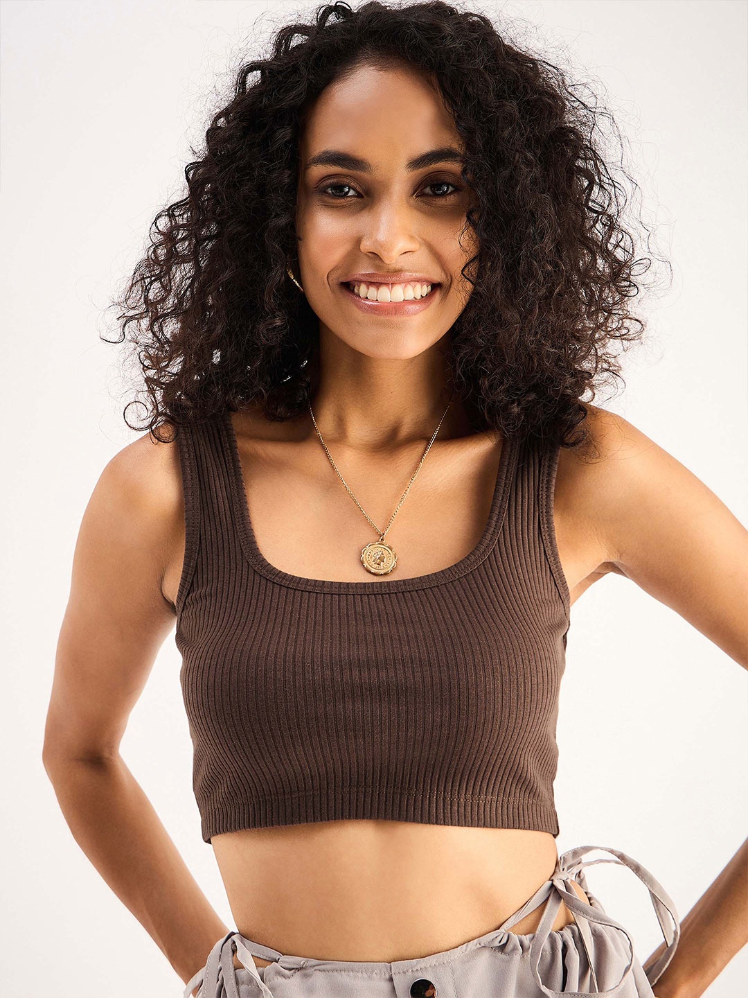 

SASSAFRAS BASICS Ribbed Cotton Tank Crop Top, Brown