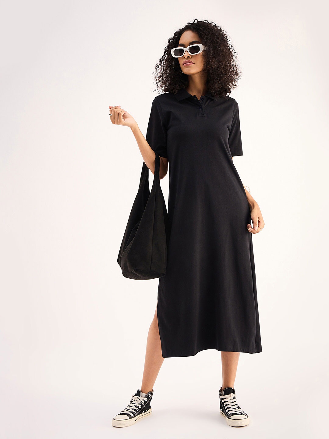 

SASSAFRAS BASICS Polo Collar Short Sleeves Oversized Tshirt Midi Dress, Black