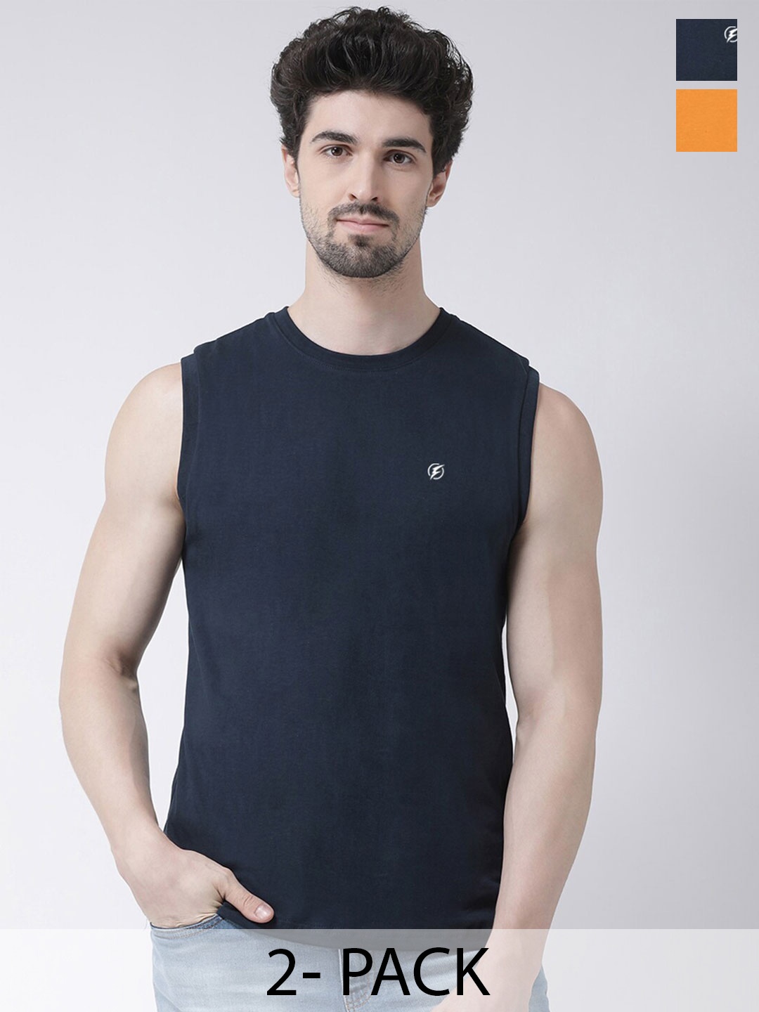 

Friskers Pack Of 2 Round Neck Sleeveless Slim Fit Cotton T-Shirts, Navy blue