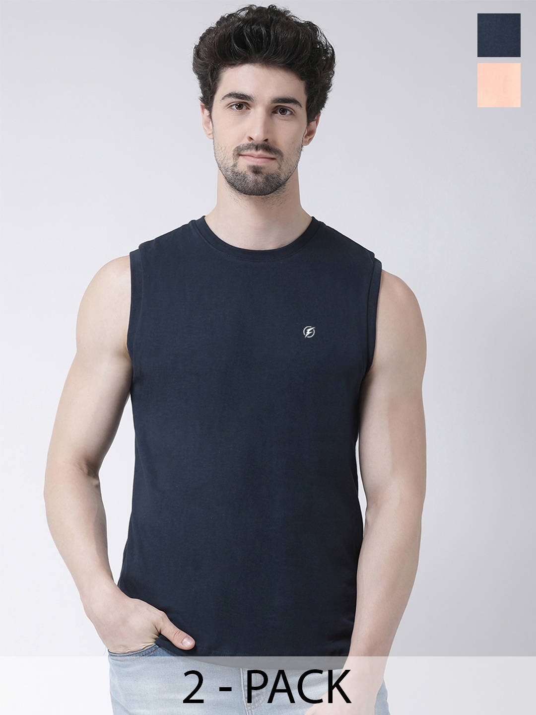 

Friskers Pack Of 2 Round Neck Sleeveless Cotton Slim Fit T-shirt, Navy blue