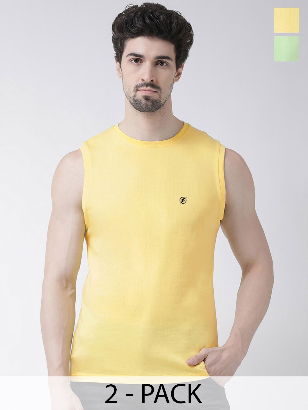 

Friskers Pack Of 2 Round Neck Sleeveless Cotton Slim Fit T-shirt, Yellow