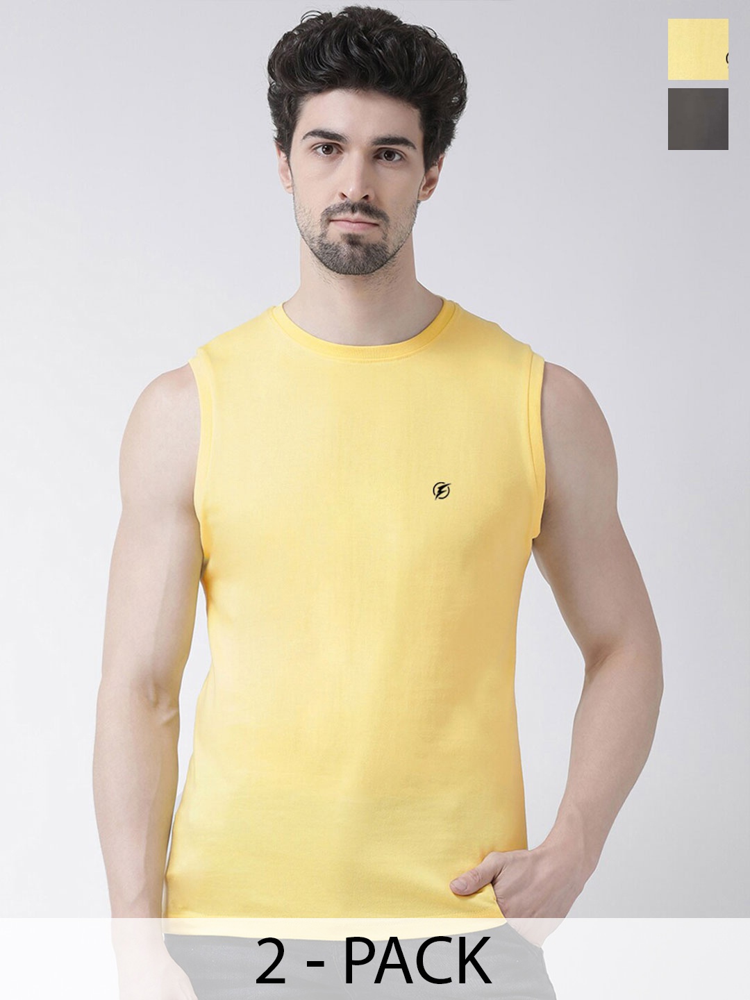 

Friskers Pack Of 2 Round Neck Sleeveless Cotton Slim Fit T-shirt, Yellow