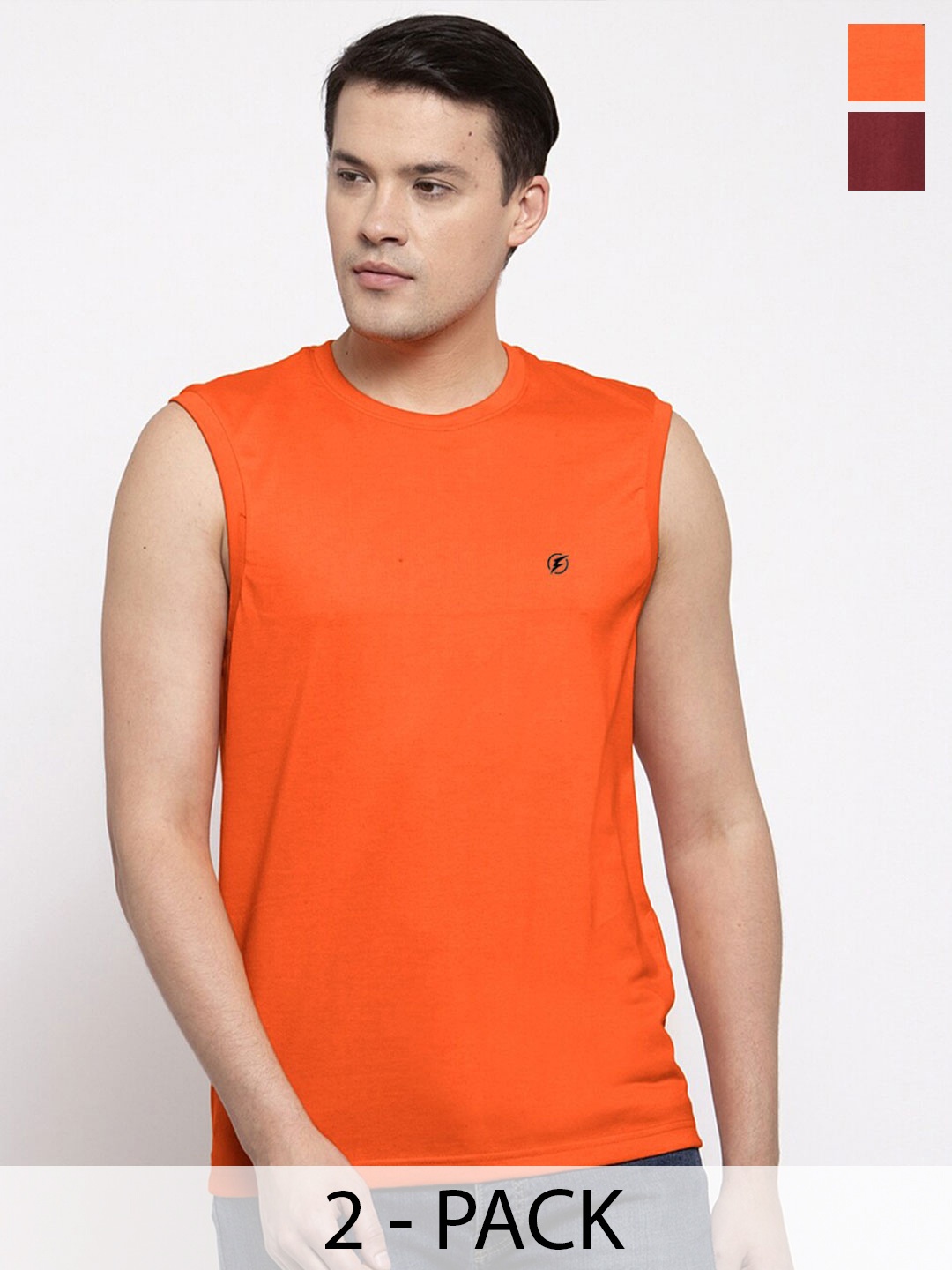 

Friskers Pack Of 2 Round Neck Sleeveless Slim Fit Cotton T-Shirts, Orange