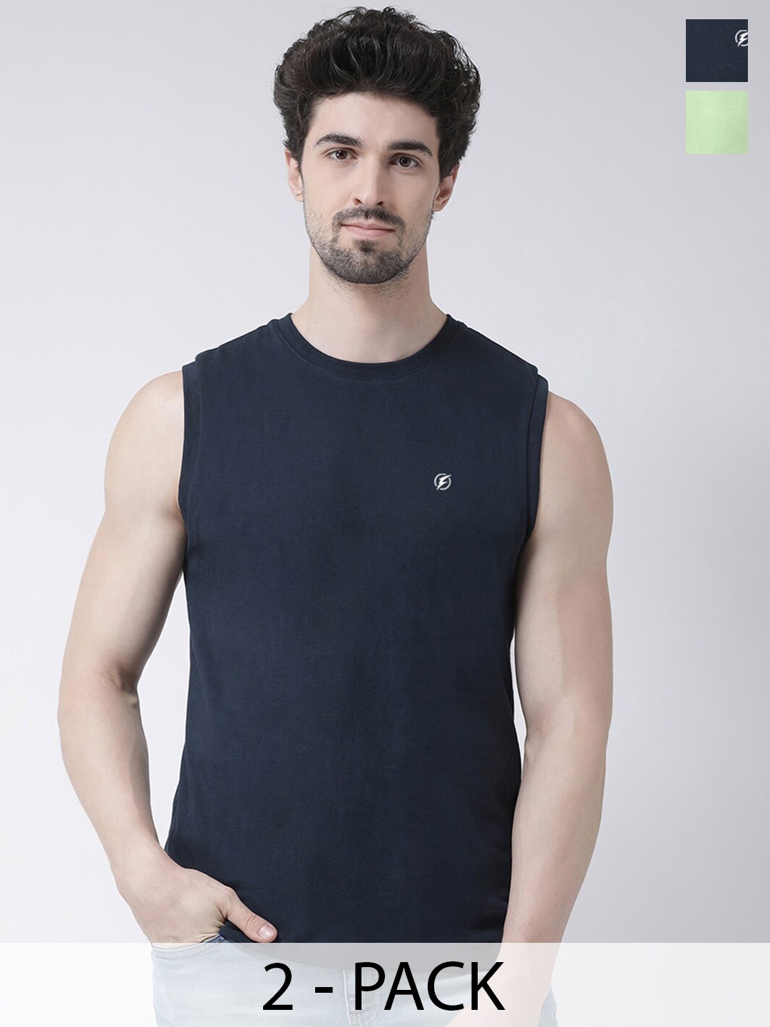 

Friskers Pack Of 2 Round Neck Sleeveless Slim Fit Cotton T-Shirts, Navy blue
