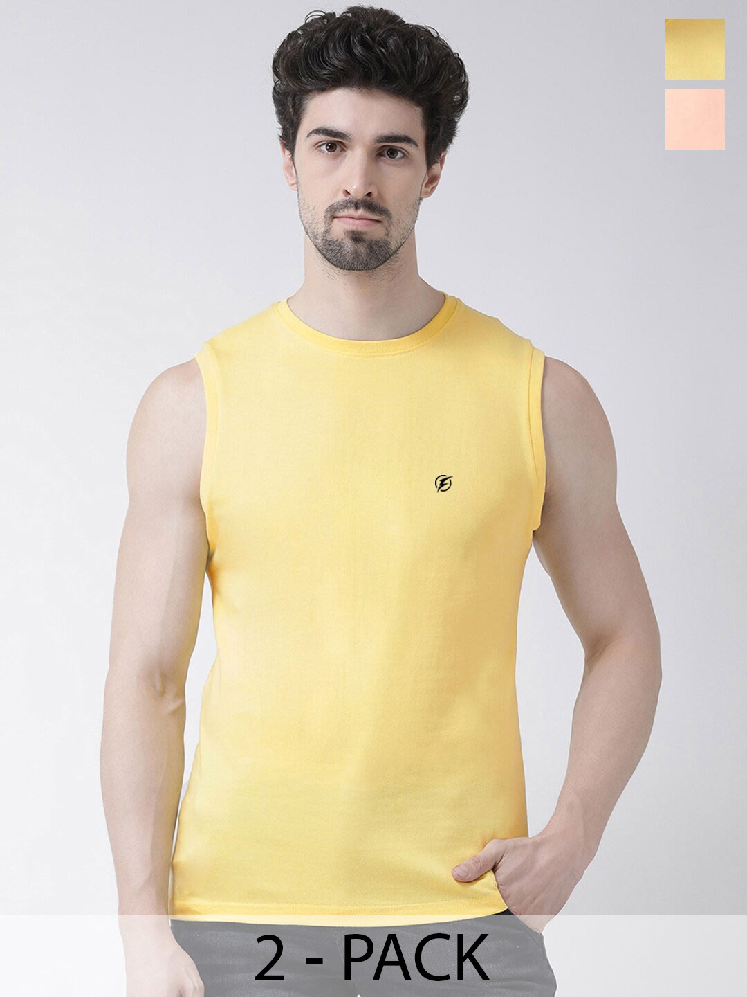 

Friskers Pack Of 2 Round Neck Sleeveless Slim Fit Cotton T-Shirts, Yellow