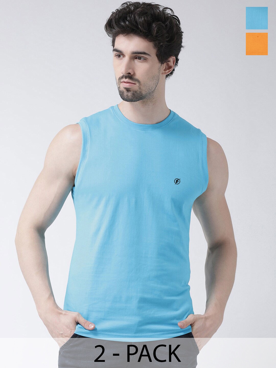 

Friskers Pack Of 2 Round Neck Sleeveless Cotton Slim Fit T-shirt, Turquoise blue