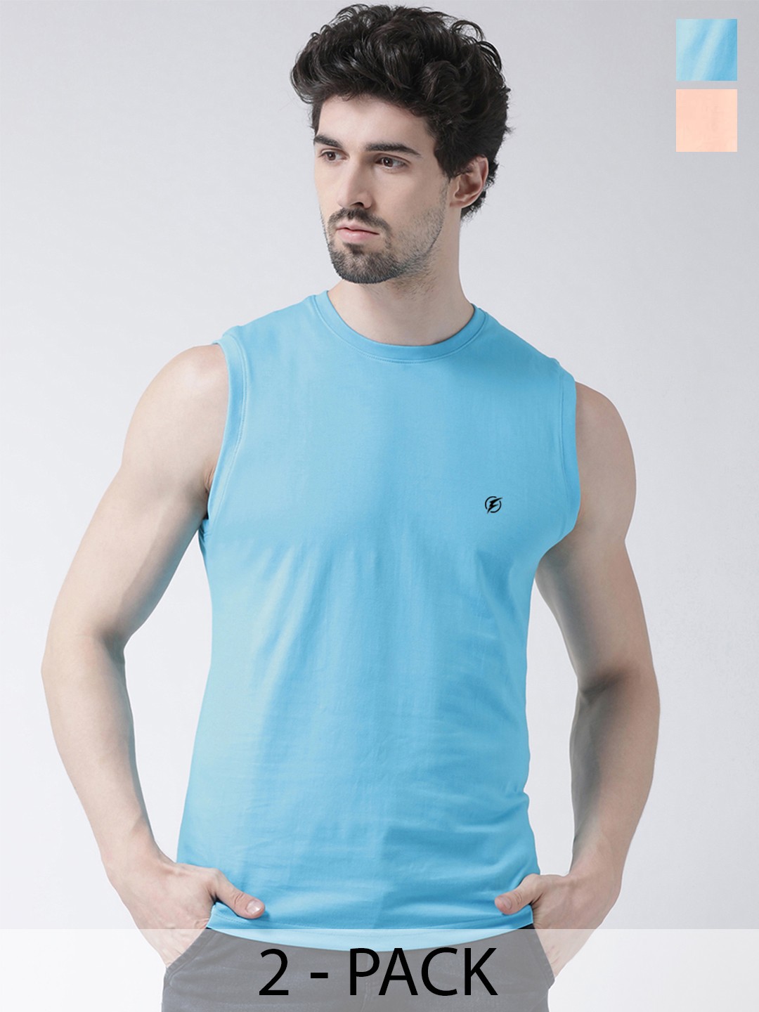 

Friskers Pack Of 2 Round Neck Sleeveless Slim Fit Cotton T-Shirts, Turquoise blue