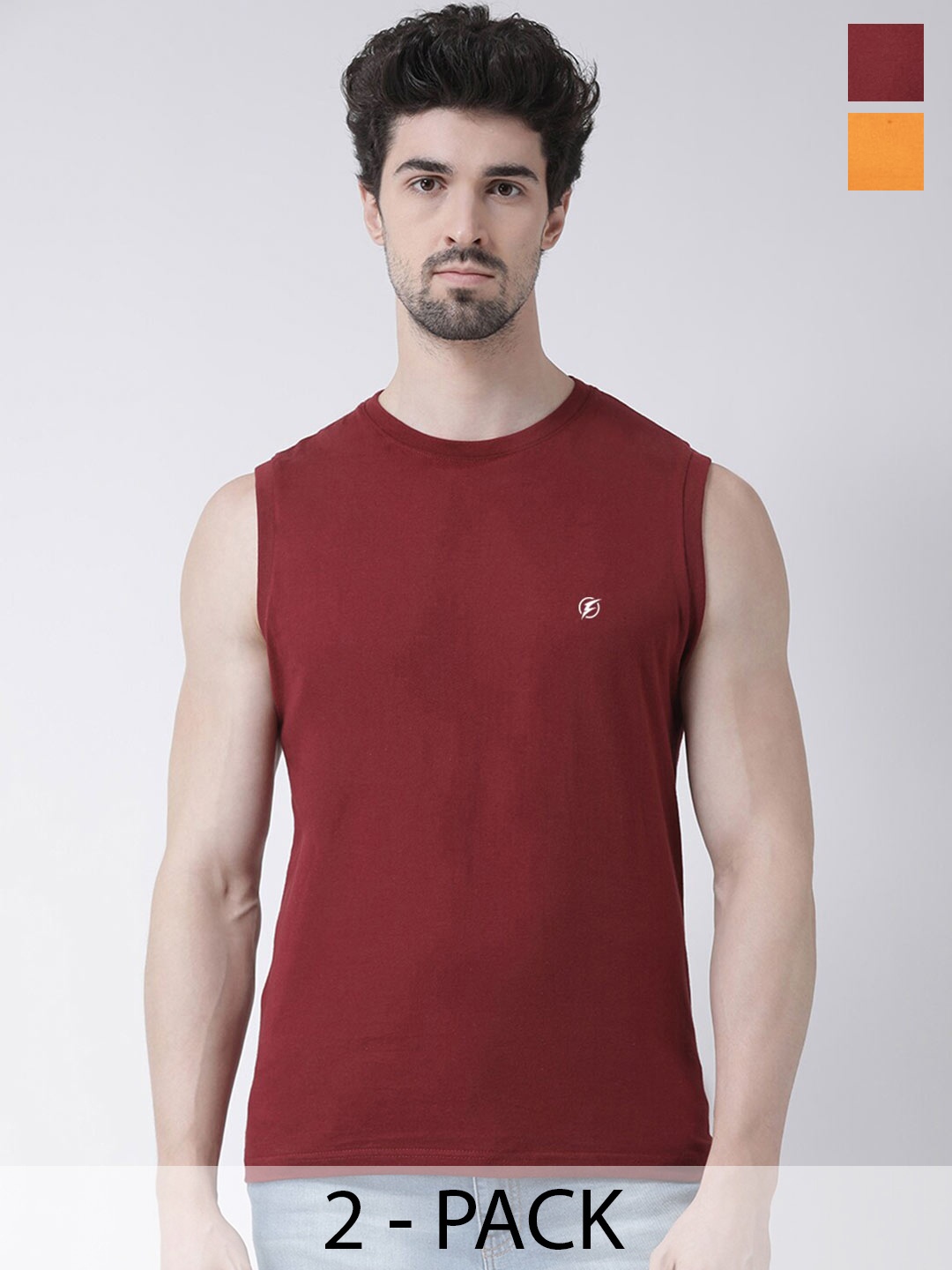 

Friskers Pack Of 2 Round Neck Sleeveless Slim Fit Cotton T-Shirts, Maroon