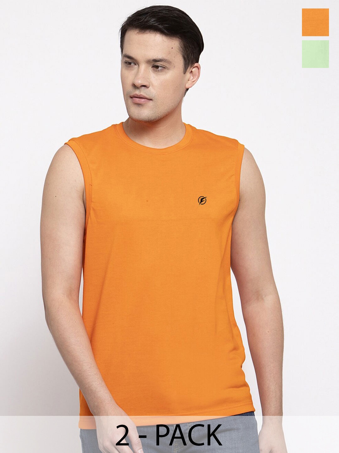 

Friskers Pack Of 2 Round Neck Sleeveless Cotton Slim Fit T-shirt, Mustard