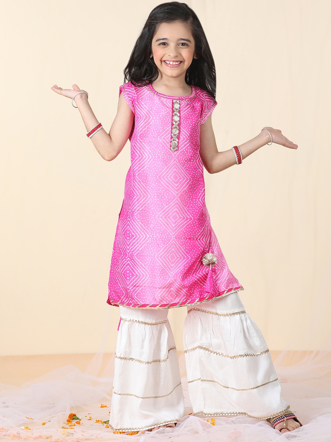 

Sangria Girls Pink Ethnic Motifs Printed Pure Cotton Straight Kurta With Sharara