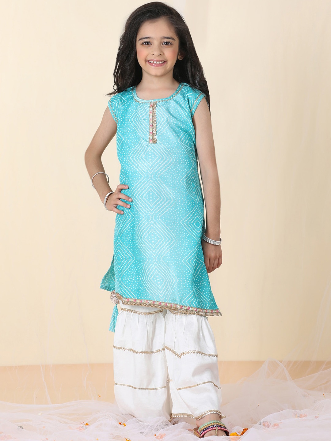 

Sangria Girls Blue Bandhani Printed Pure Cotton Straight Kurta With Sharara