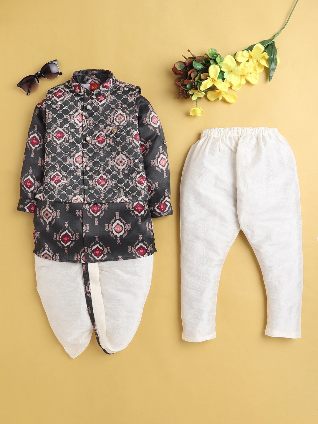 

BAESD Boys Ethnic Motifs Printed Regular Thread Work Kurta with Dhoti Pants & Nehru Jacket, Grey