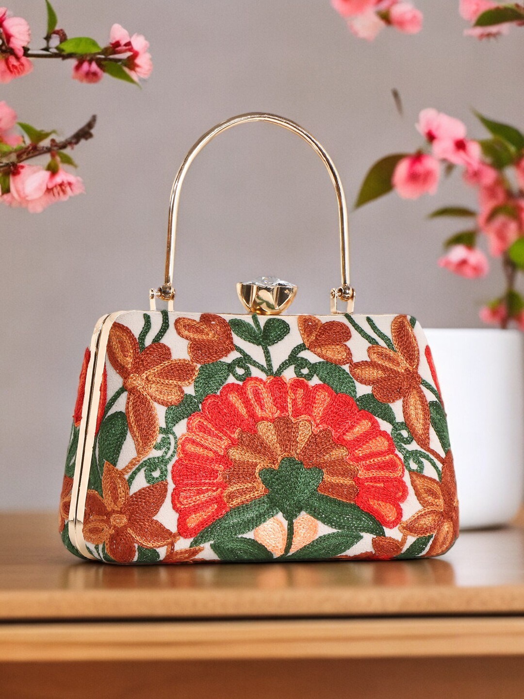 

Exotic Floral Embroidered Box Clutch, Off white