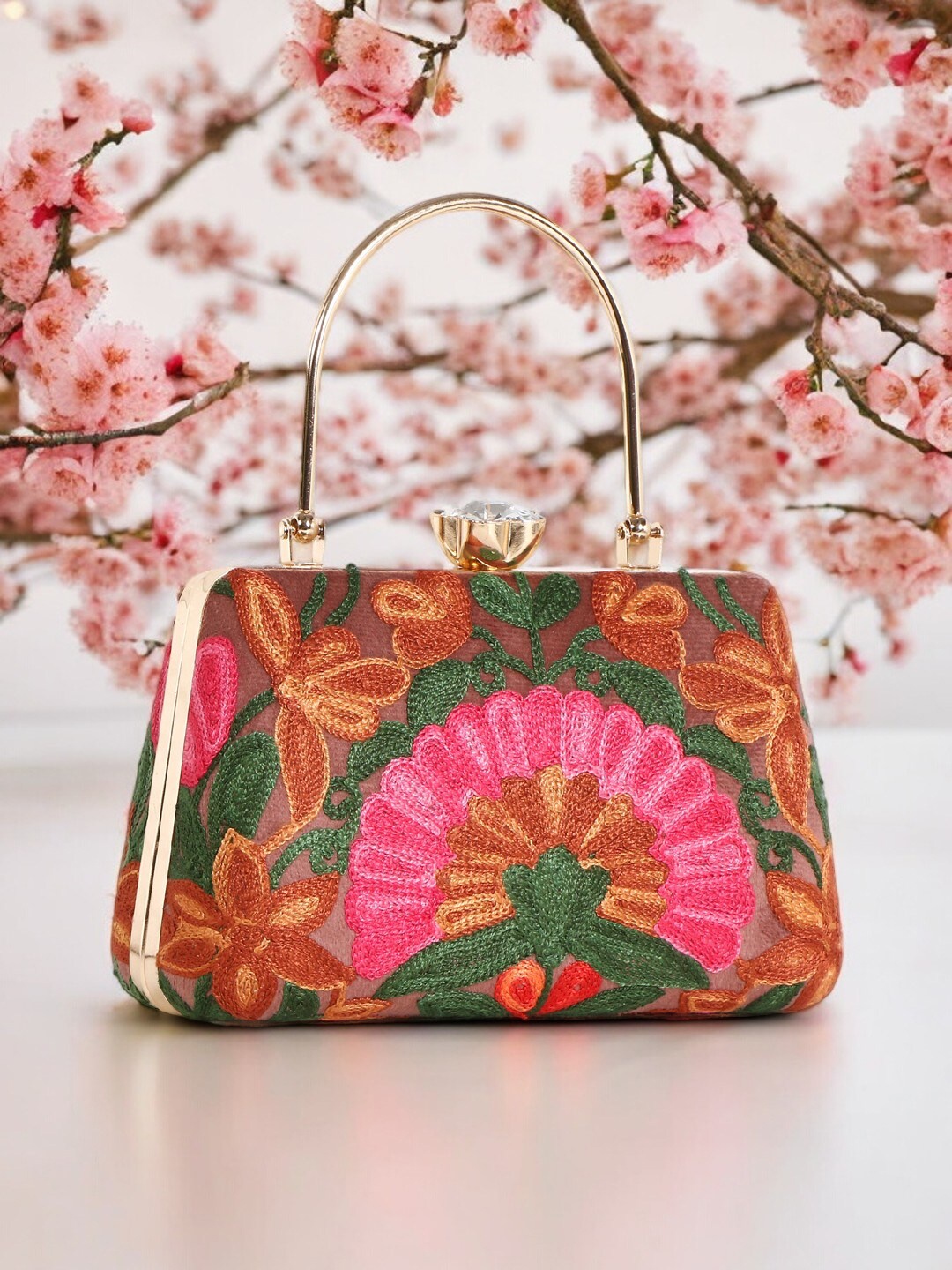 

Exotic Floral Embroidered Box Clutch, Peach