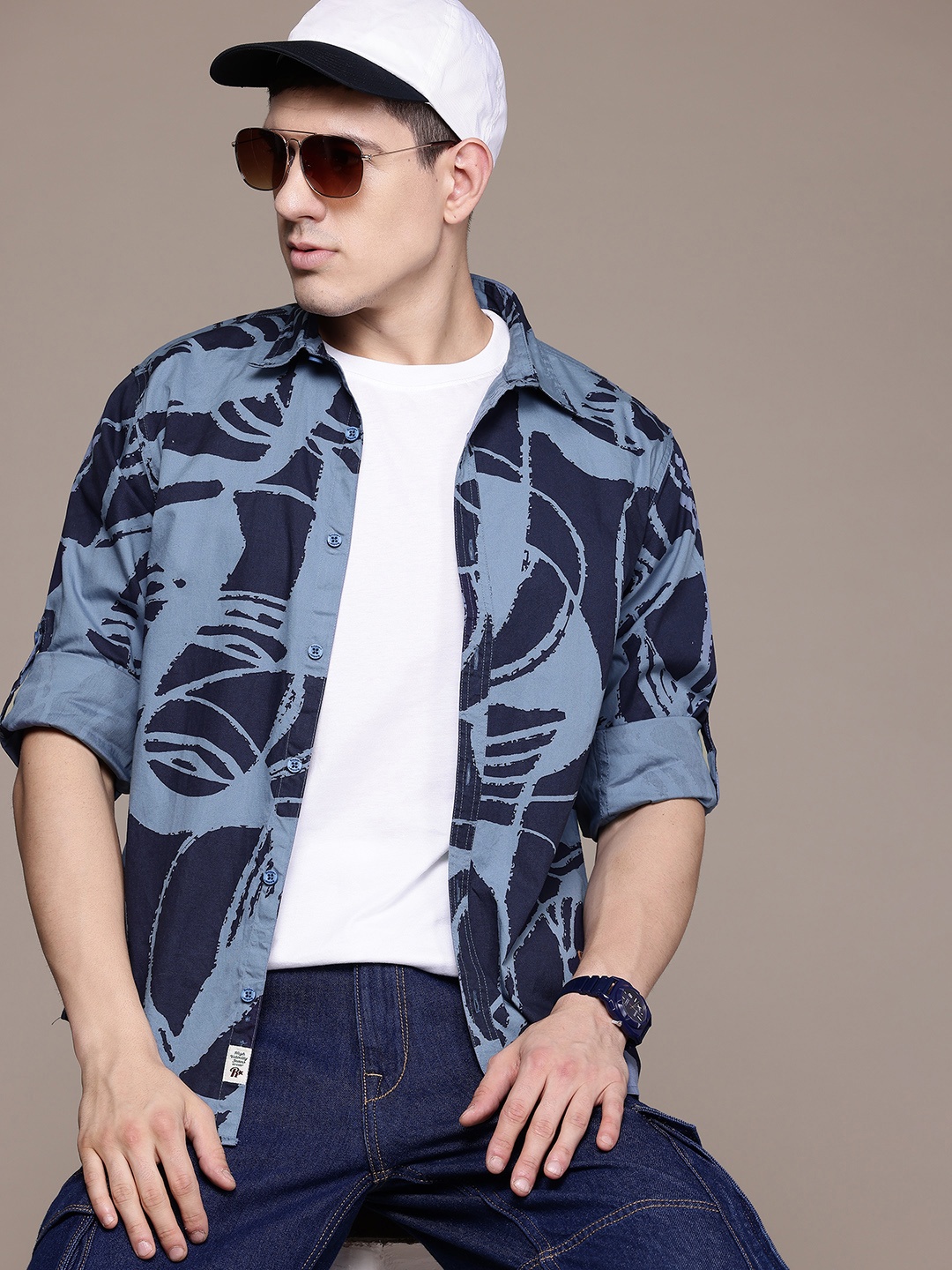

The Roadster Lifestyle Co. Printed Pure Cotton Shirt, Blue