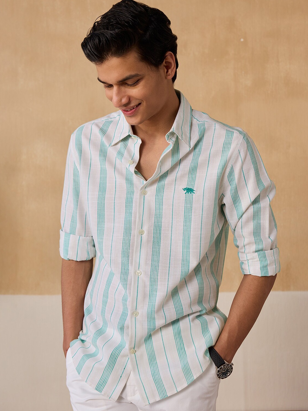 

Andamen Premium Striped Cotton Casual Shirt, Green